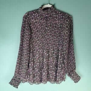 Cabi Womens Knife Pleat Floral High Neck Semi-Sheer Blouse Size Medium